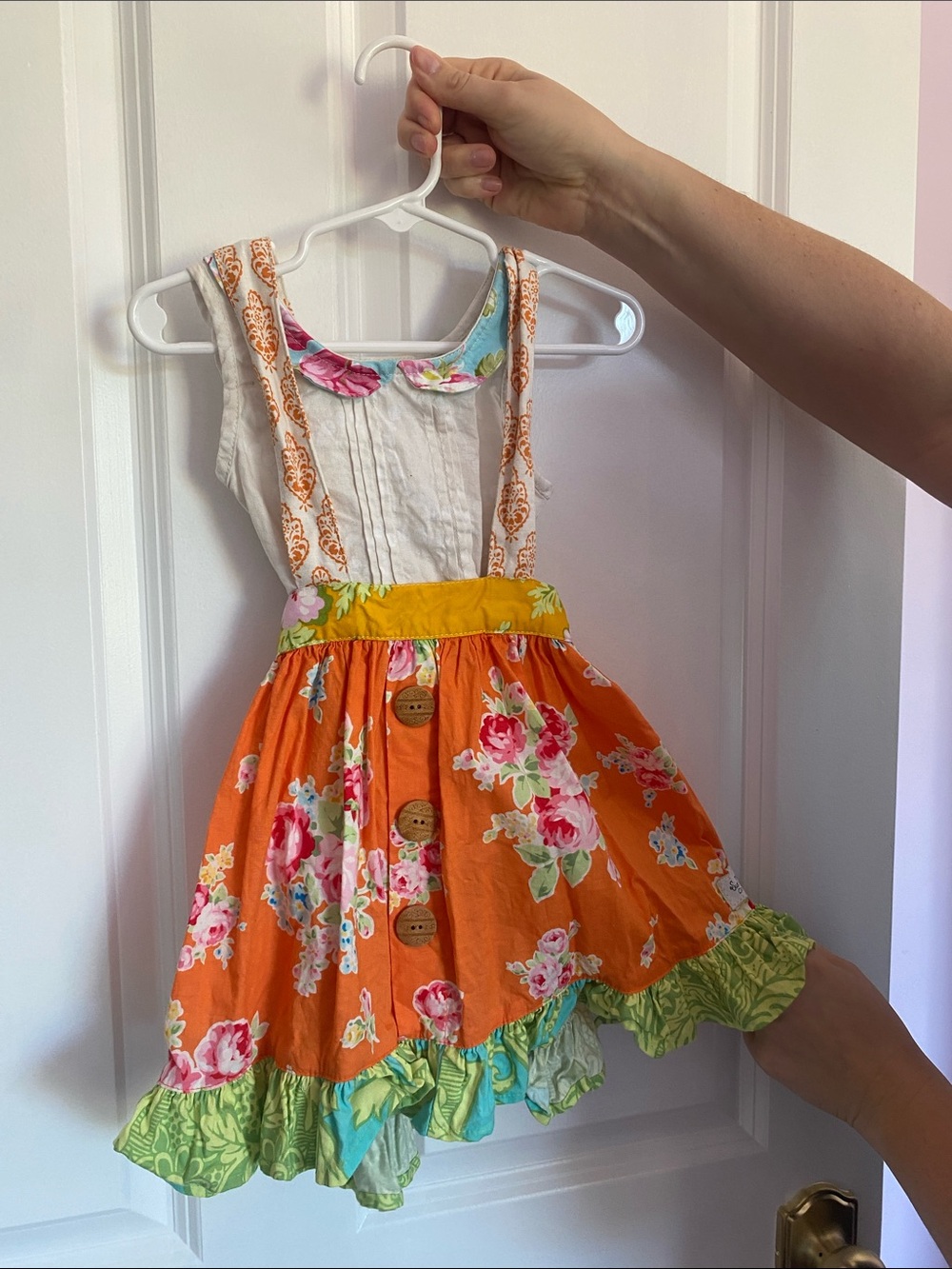 SweetHoney Orange Floral Suspender Dress with Green Trim